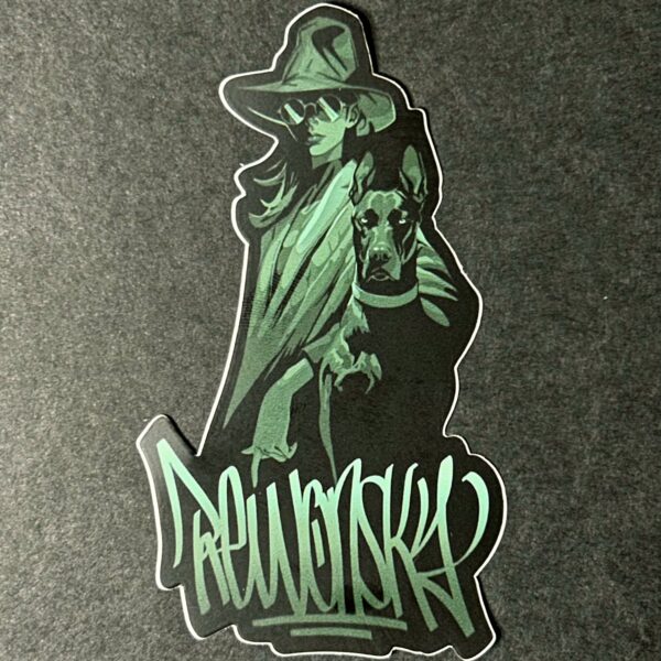 woman with dog and rewonsky tag sticker