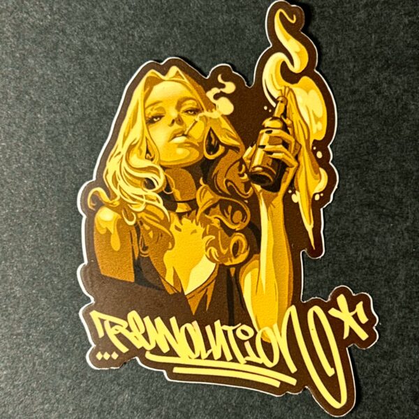 rewolution sticker of a girl smoking a cigarette and holding a molotow cocktail