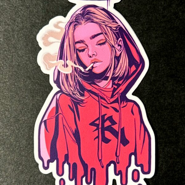 melting sticker with young girl smoking cigarettes with hallow